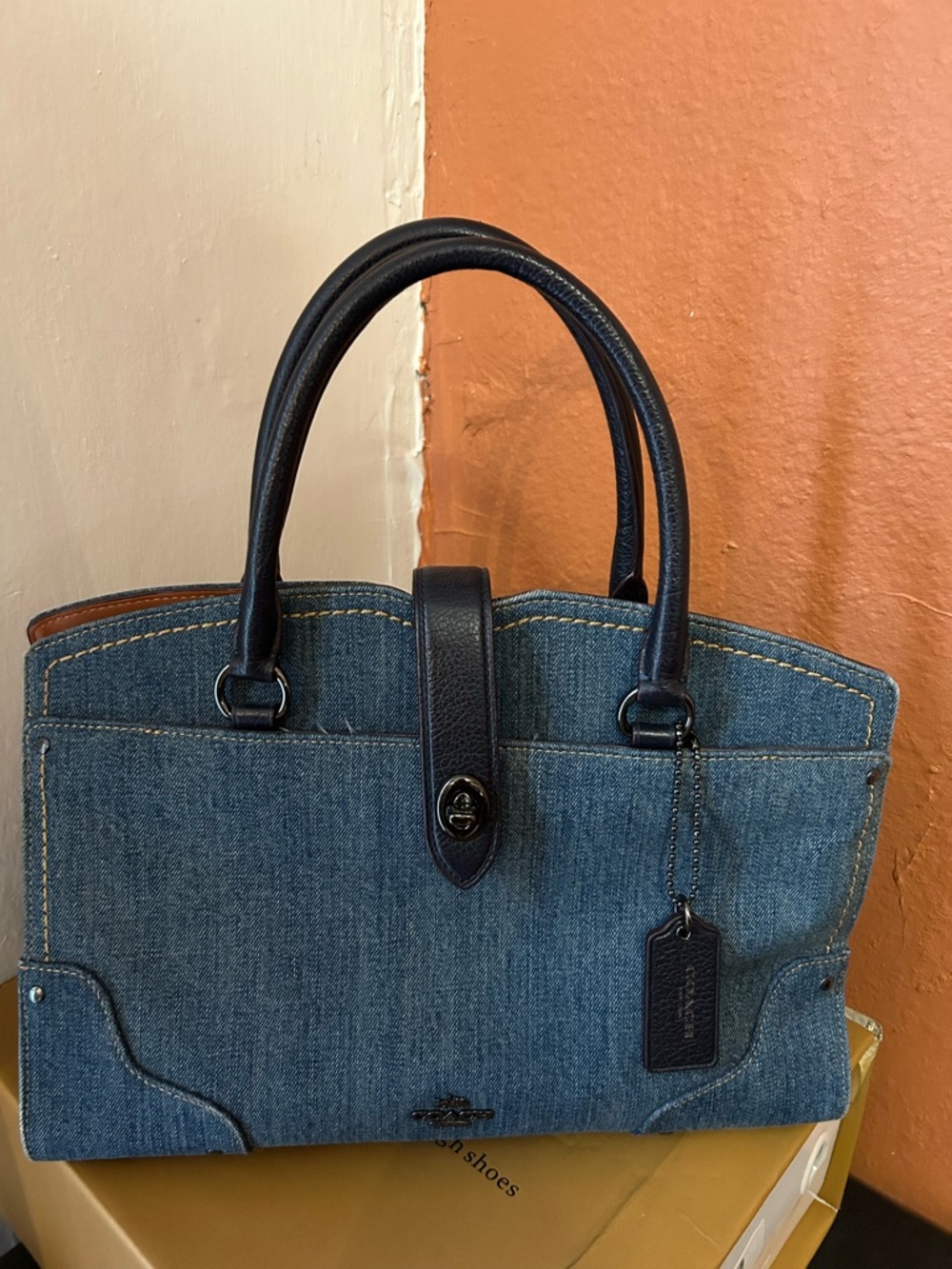 Coach Mercer 30 Blue Denim and leather satchel with crossbody strap GORGEOUS - Picture 2 of 10